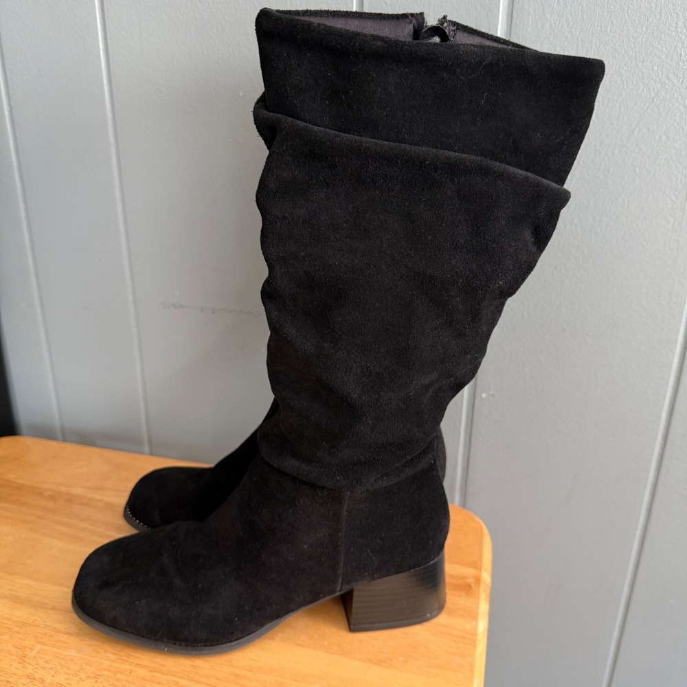 Steve Madden Jlenora Black Suede Slouchy Block Heel Square Toe Boots Size 4